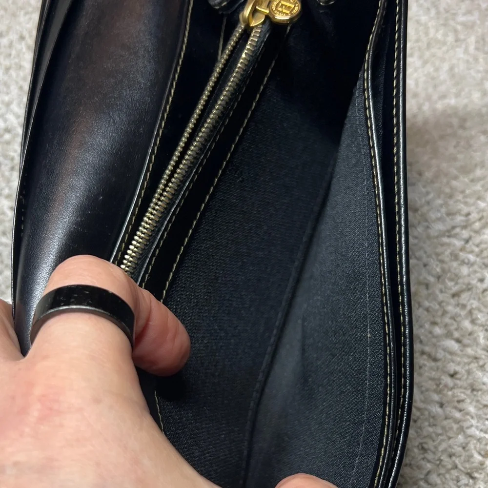FENDI Black and Brown Striped Continental Wallet with Gold Tone Chain